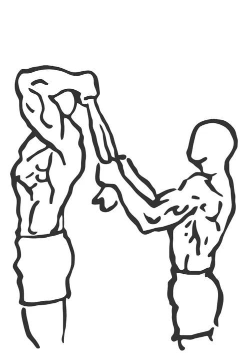 Partner Towel Overhead Triceps Extension — start position