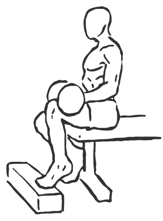Seated Single-Leg Dumbbell Calf Raise — end position