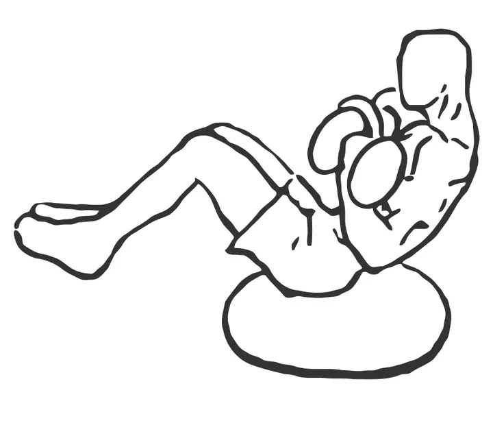 V-Sit Dumbbell Curl on BOSU — end position