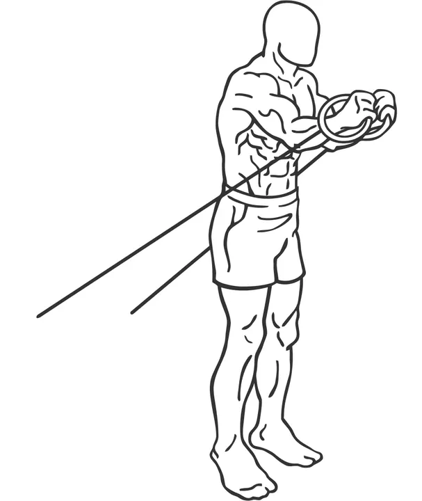 Standing Band Chest Crossover — end position