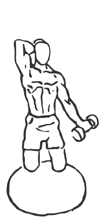 Kneeling Stability Ball Curl and Overhead Extension — end position
