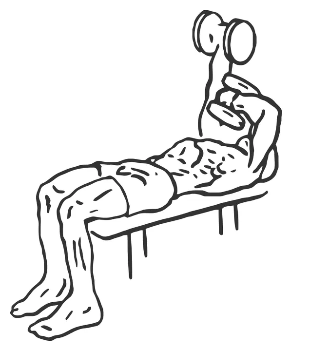 Lying Cross-Face Dumbbell Triceps Extension — end position