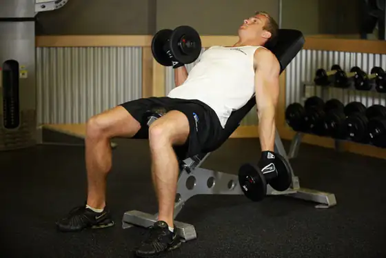 Alternate Incline Dumbbell Curl — end position