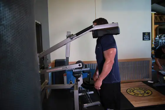 Calf-Machine Shoulder Shrug — end position